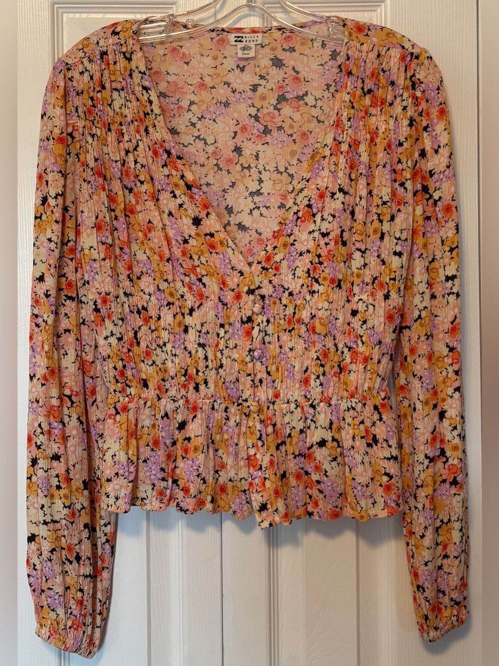 Billabong Catching Feelings Floral Smocked Peplum Blouse Top Tee Shirt Small S